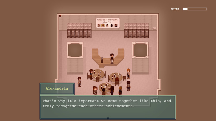 A screenshot from Fragments in the employee celebration scene